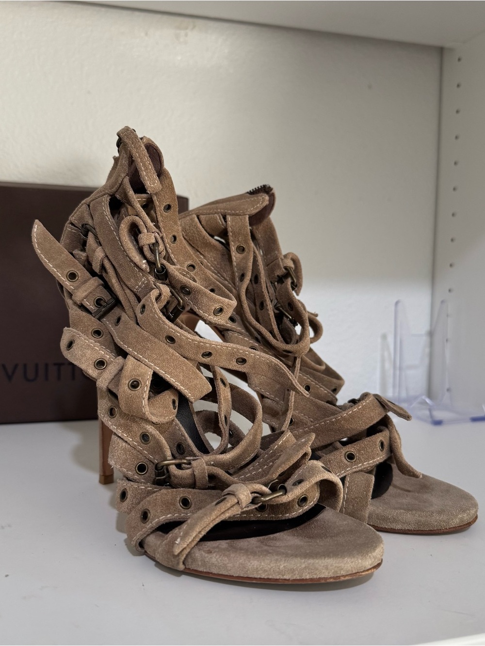 Giuseppe Zanotti Taupe Suede Strappy Lace-Up Heels